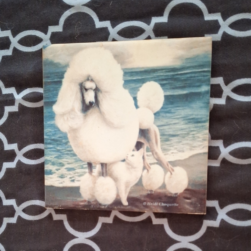 Vintage Poodle and Cat Art Tile For Hanging